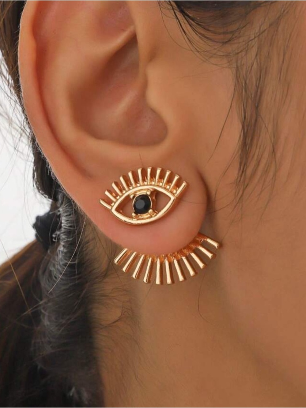 Gold Eye Stud Earrings with Black Stone R 443